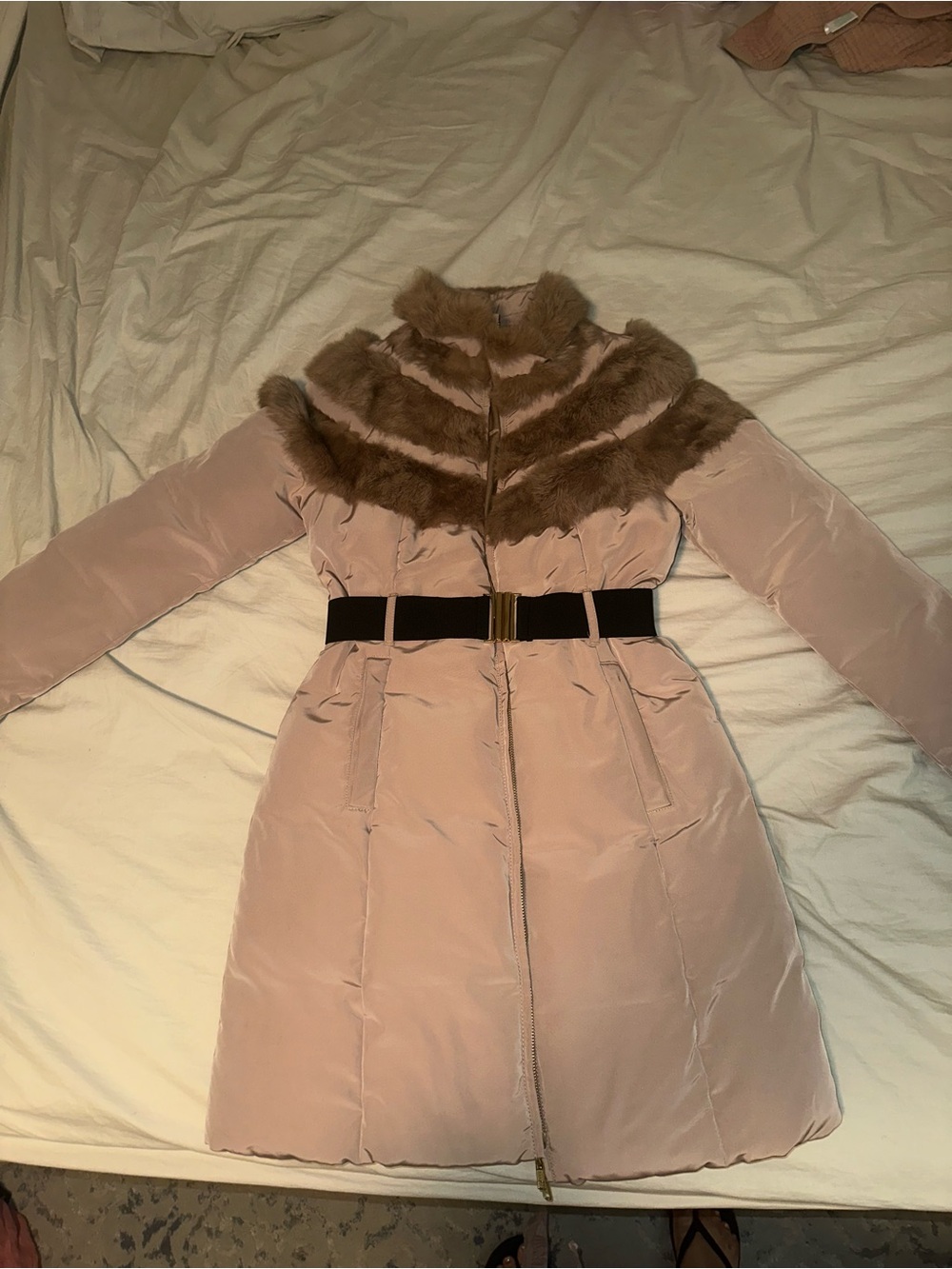 Women's champagne rabbit Fur Trim Belted Coat & real down